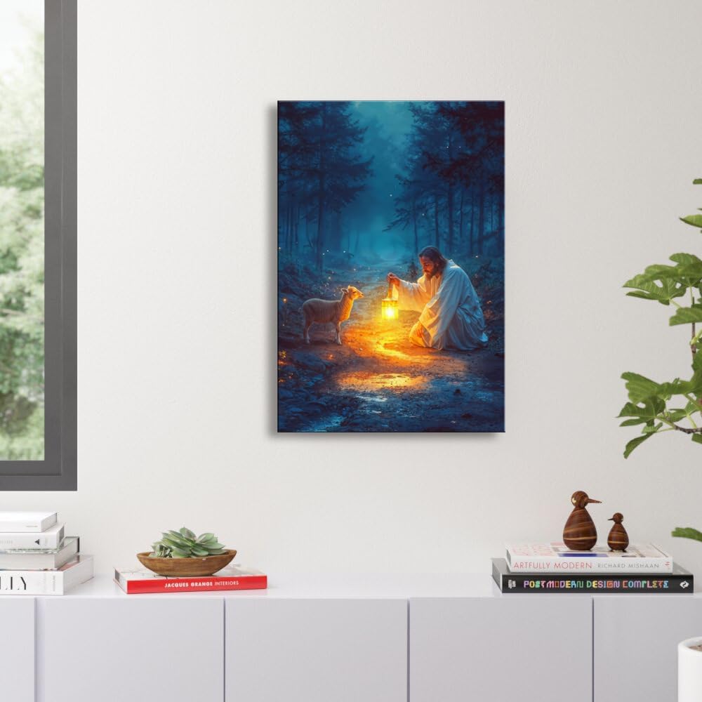 Ploceiny Christian Wall Art | Jesus Running After Lost Lamb Canvas Print | 16" x 24" Home Decor