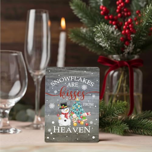 Christmas Snowman Decor Sign with Snowflakes - 5x7 Inch Wooden Winter Holiday Home Office Table Display Variation of Snowflakes