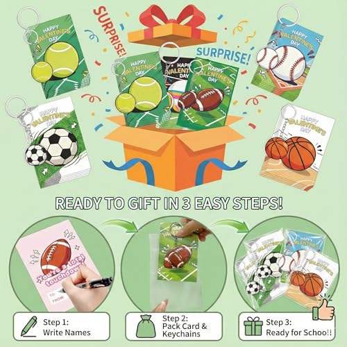 Sports Valentines Day Cards with Keychains - 24 Pack for Kids