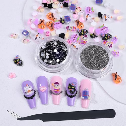 Halloween 3D Resin Nail Charms Kit with Rhinestones and Tweezers