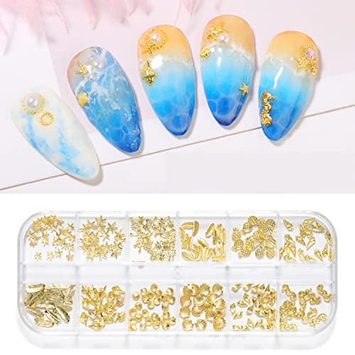 WEILUSI 3D Gold Metal Nail Art Charms Shell and Starfish Studs Mix