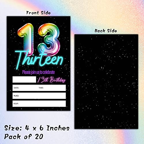 13th Birthday Invitations with Envelopes Neon Glow Party Cards 20 Pack
