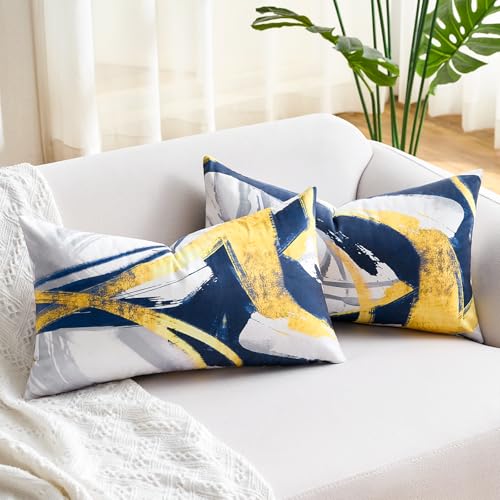 Wosendy Navy Blue Lumbar Throw Pillow Covers 12x20, Set of 2 Abstract Gold