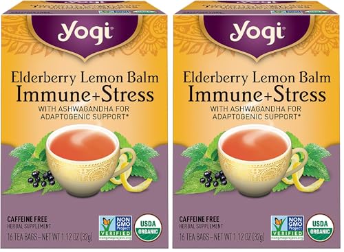 Yogi Organic Lemon Balm Elderberry Immune + Stress Tea, 32 Tea Bags Total