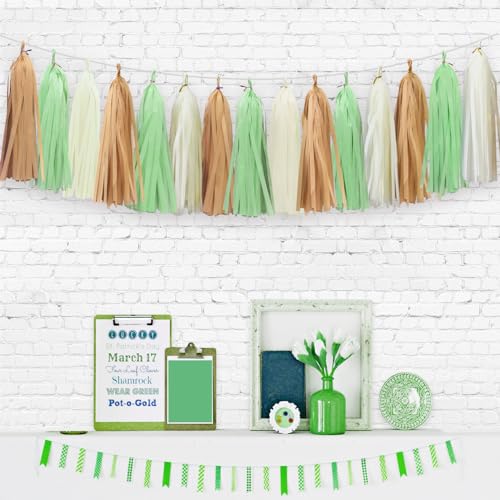 Aonor Gold Ivory and Pale Green Tissue Paper Tassel Garland 15PCS