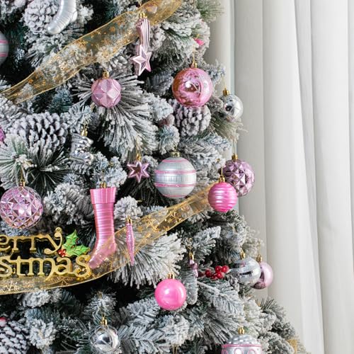 Pink and Silver Christmas Balls Ornament Set - 100 Shatterproof Plastic Decor with Tree Topper & Snowflakes