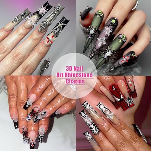 RODAKY 12Pcs Cross & Spider Nail Art Charms with Colorful Rhinestones