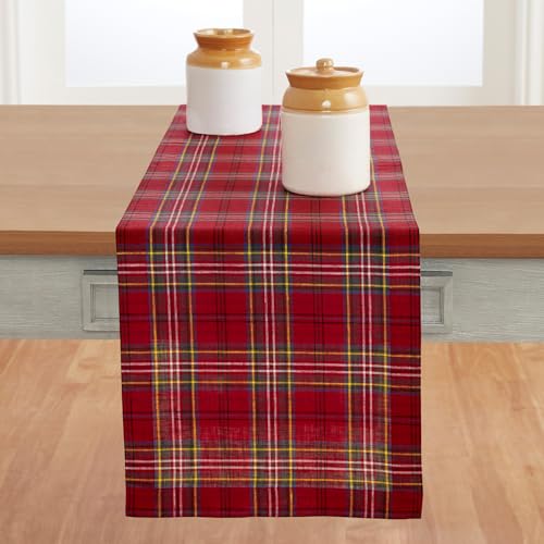 Pure Linen Red Tartan Plaid Table Runner 14x108 Inches - Handmade