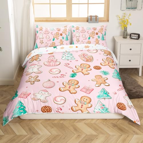 Pink Gingerbread Man Duvet Cover Set Twin No Comforter - Christmas Bedroom Decor