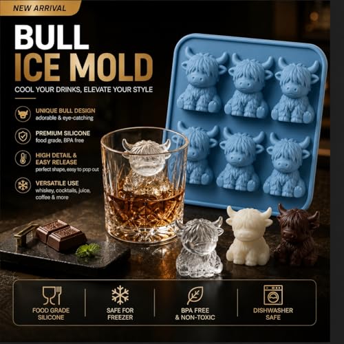 2PCS Highland Cow Ice Cube Mold - Blue Silicone 3D Tray for Drinks & Baking