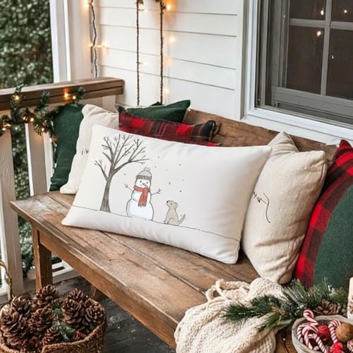 Winter Snowman Throw Pillow Covers 12x20 - Cozy Christmas Decor