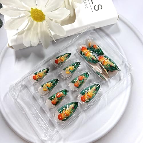 Blue Green Jellyfish Press on Nails Medium Almond Glossy False Nails