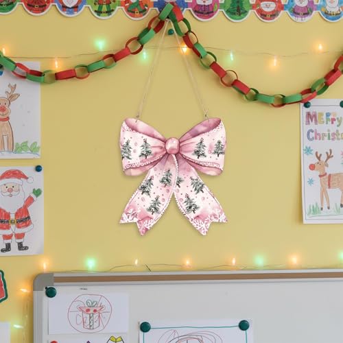 Vintage Christmas Wooden Door Sign with Pink Bow - 11.8" x 10.8"