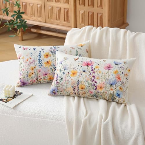 Floral Spring Summer Throw Pillow Covers 12x20 Inch, Set of 2
