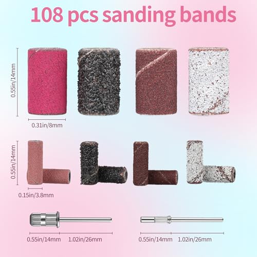 FLOYEUML 108Pcs Sanding Bands for Nail Drill with Bits & Storage Box