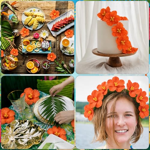 12 Pcs Orange Artificial Hibiscus Flowers, 4-Inch Realistic EVA Foam