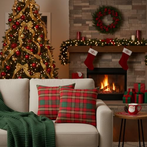 Christmas Plaid Pillow Covers 18x18 Inch Set of 2 - Vintage Tartan