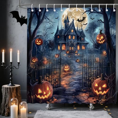 Halloween Castle Shower Curtain - Scary Night Design, 72x72