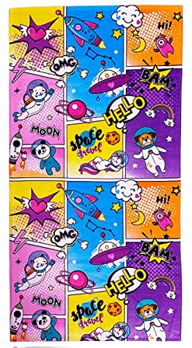 YIFONTIN Kids Beach Towel, Space Travel Print, 100% Cotton Velour, 51"x25.5"