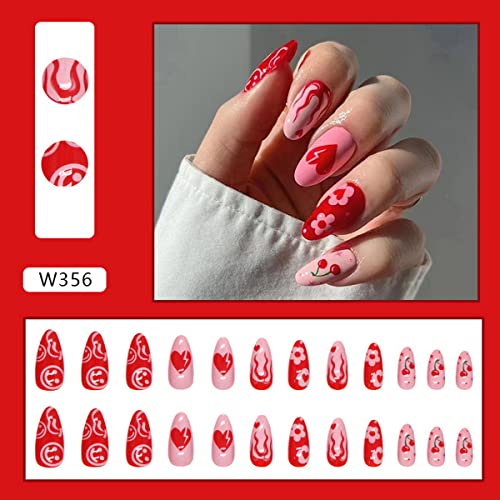 FRUZJAY Red Almond Press on Nails with Cute Flower and Heart Design