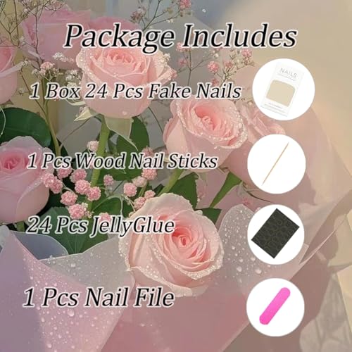 Nude Pink Press on Nails Long Coffin Glitter Glossy Rhinestone 24Pcs