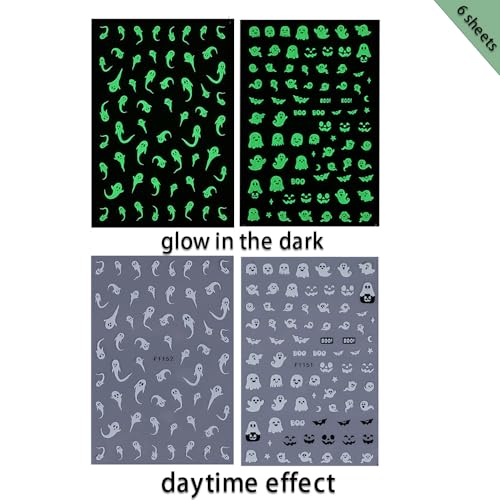 KAICCOSO 6pcs Glow in the Dark Halloween Nail Stickers Self-Adhesive Ghost Bat Nail Decals