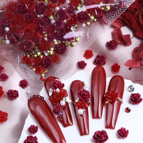 50Pcs Red Rose Nail Charms with Pearls, Valentine Resin Rhinestones