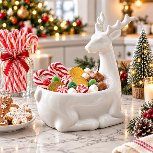 Christmas Reindeer Ceramic Candy Bowl White Reindeer - Holiday Table Decor
