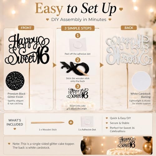 Elegant Black Glitter Sweet 16 Cake Topper for Birthday