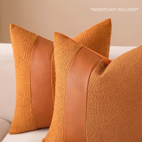 Pack of 2 Tobacco Boucle Pillow Covers 18x18 Inch - Soft Faux Leather Throw Pillows