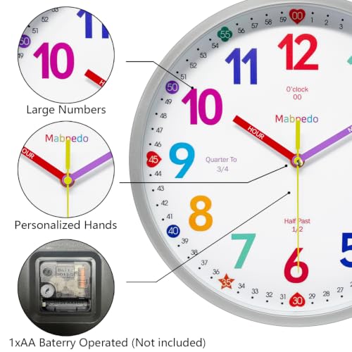 Silver 8-Inch Silent Learning Classroom Wall Clock for Kids - Educational Teacher Clock