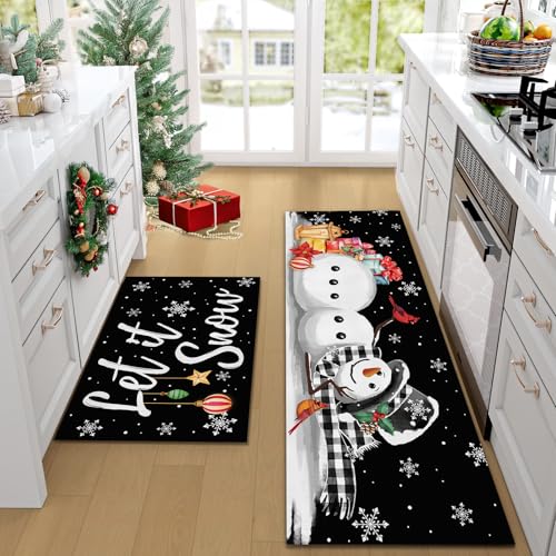 Black Let It Snow Christmas Kitchen Rug Set - 2 Piece Winter Decor