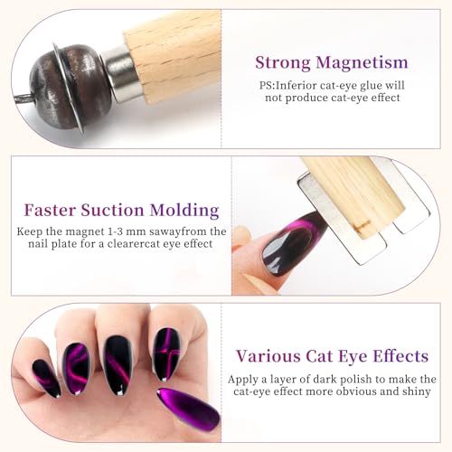 ASTONFOG 3-in-1 Cat Eye Nail Magnet Stick with Wooden Handle (4 Pack)