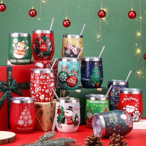 12 Pack Christmas Stainless Steel Wine Tumblers with Lids & Straws - Charming Holiday Design