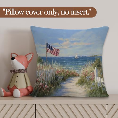 American Road Patriotic Throw Pillow Cover 18x18 - Rustic USA Flag Decor