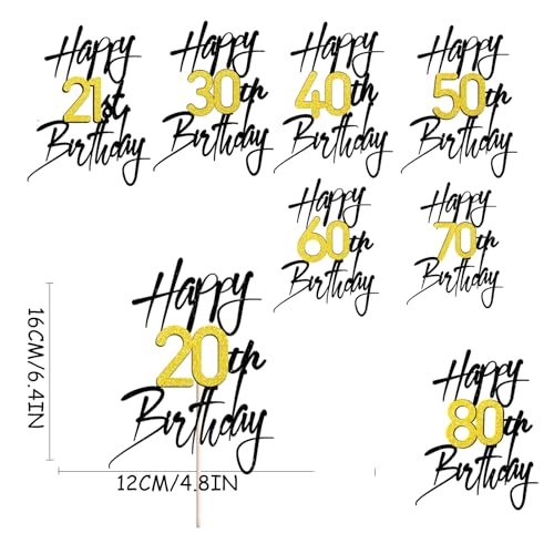 20th Birthday Cake Topper - Black Gold Shimmer Decoration