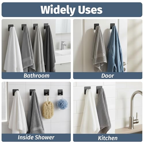 Matte Black Adhesive Hooks for Shower - Waterproof Towel Holders (2 Pcs)