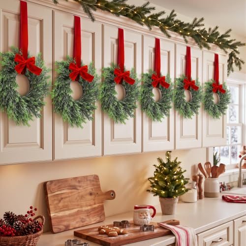 Mini Christmas Wreaths Set of 6 - 15 Inch Rustic Holiday Decor with Bows