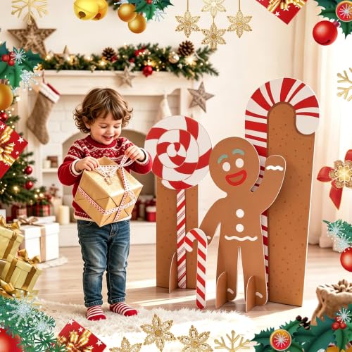 Gingerbread Man Candy Cane Lollipop Cardboard Cutouts - Holiday Decor Set
