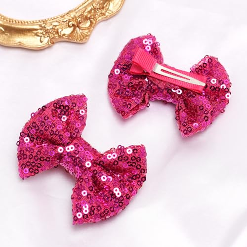 KISZU 3 Inch Glitter Hair Bows Clips Sparkling Sequin Hairpins Rose Red