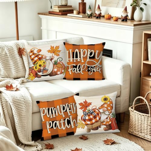 Fall Gnome Pumpkin Throw Pillow Covers Set of 4 - 18x18 Velvet