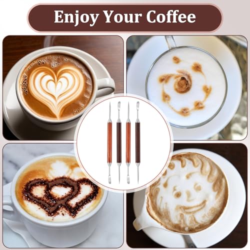 4PCS Stainless Steel Latte Art Pen Set with Wood Handles