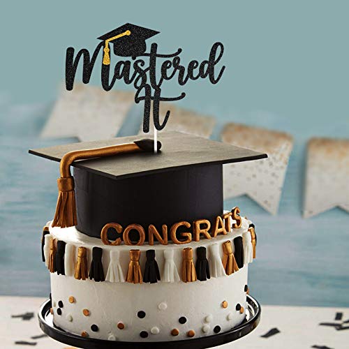 Black Glitter 'Mastered It' Cake Topper for Graduation Party