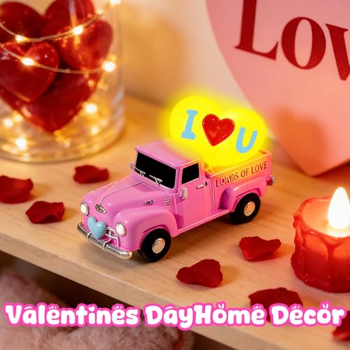 Valentine's Day Resin Mini Truck Light-Up Pink Heart Tabletop Decor