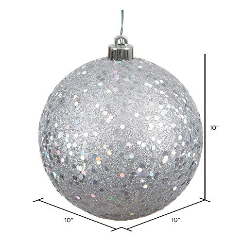 10-inch Silver Sequin Ball Ornament - Shatterproof Plastic, Wired Cap, Holiday Decor