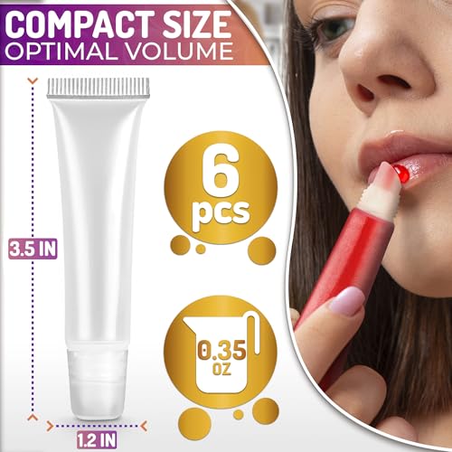 ZOKLU 6 Pack Empty Lip Gloss Squeeze Tubes, 0.35 oz Clear PVC Refillable Containers for Lip Balm and Cosmetics
