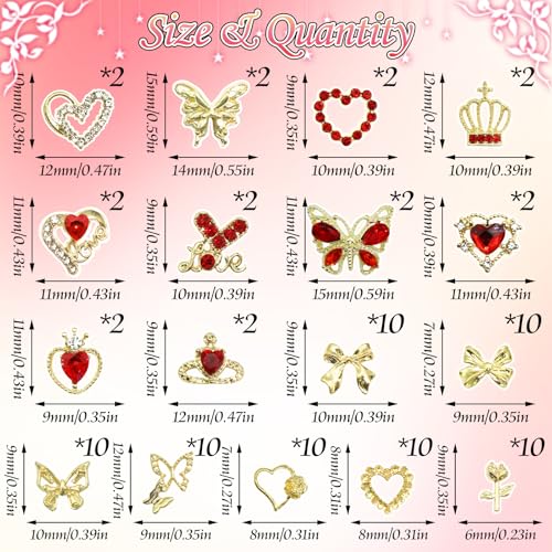 BELICEY 90Pcs Gold Nail Charms 3D Assorted Bow Heart Rhinestone Alloy Decor