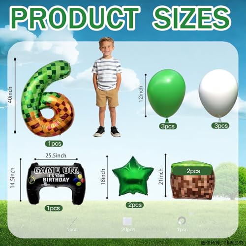 40-Inch Green Pixel Miner Balloon Set - 12Pcs Video Game Party Decorations