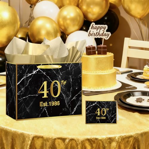 Yoirrat Black Gold 40th Birthday Gift Bag with Tissue Paper and Card