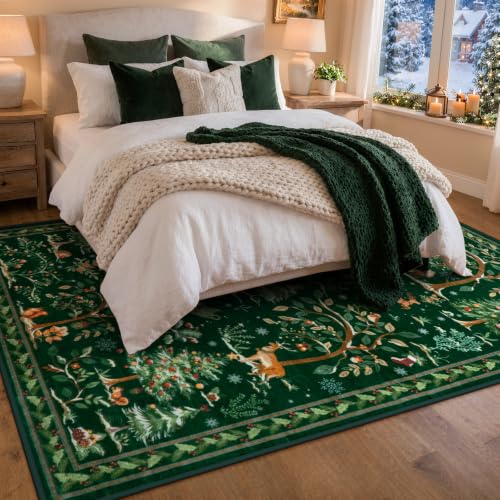 LIVEBOX Christmas 5x7 Green Area Rug - Holiday Tree & Santa Print, Washable Non-Slip Home Decor